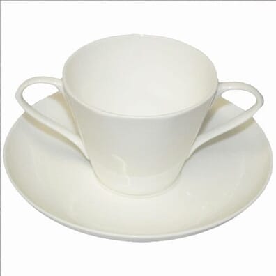 Dual Handled Bone China Cup and Saucer - White