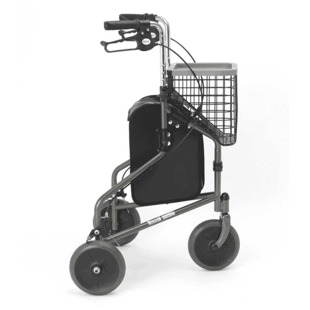 3 wheel rollator with cable brakes side view