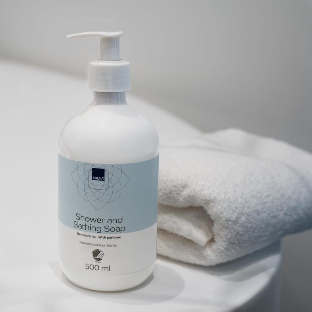 abena shower bathing soap 500ml on sink
