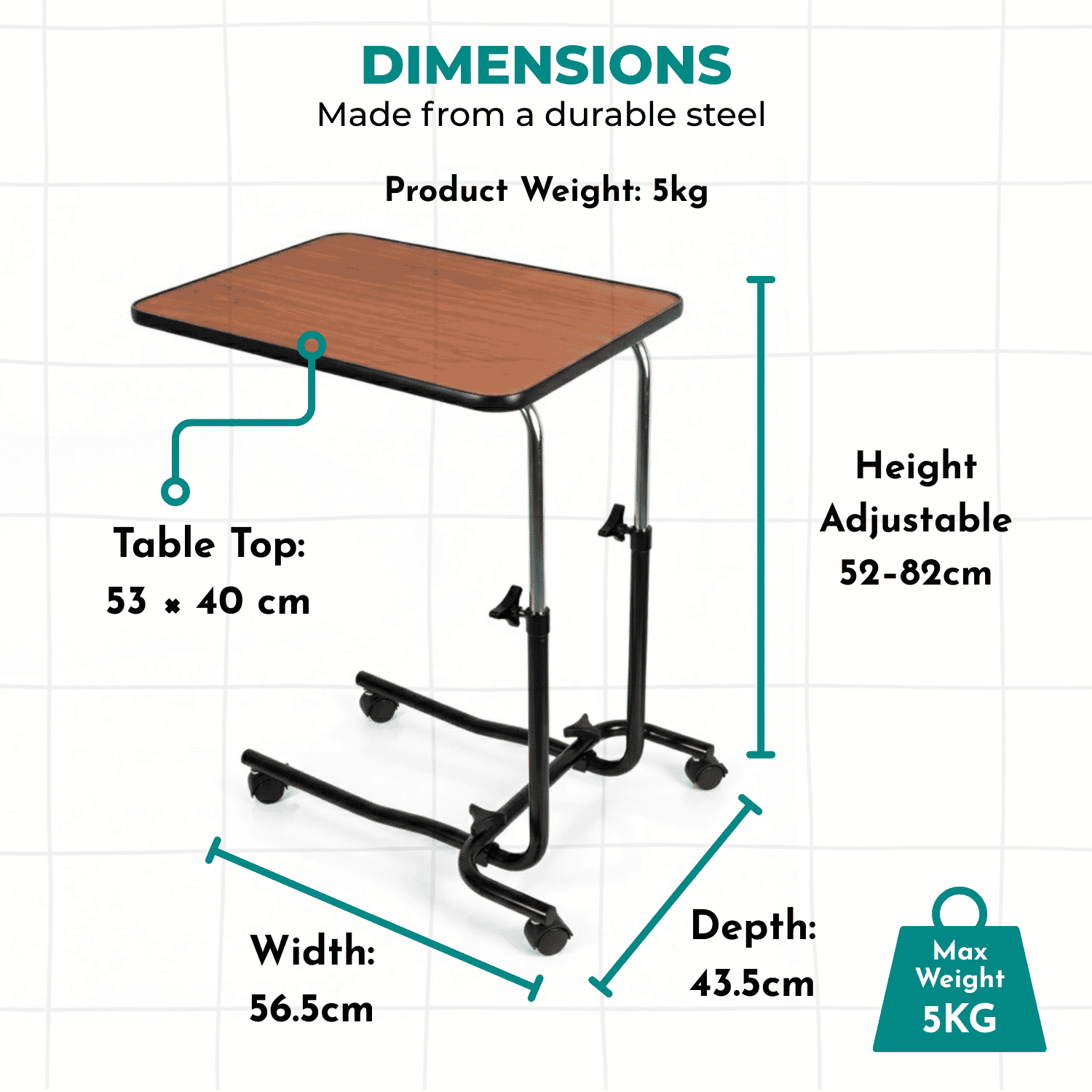 adjustable bed chair table with castors dimensions