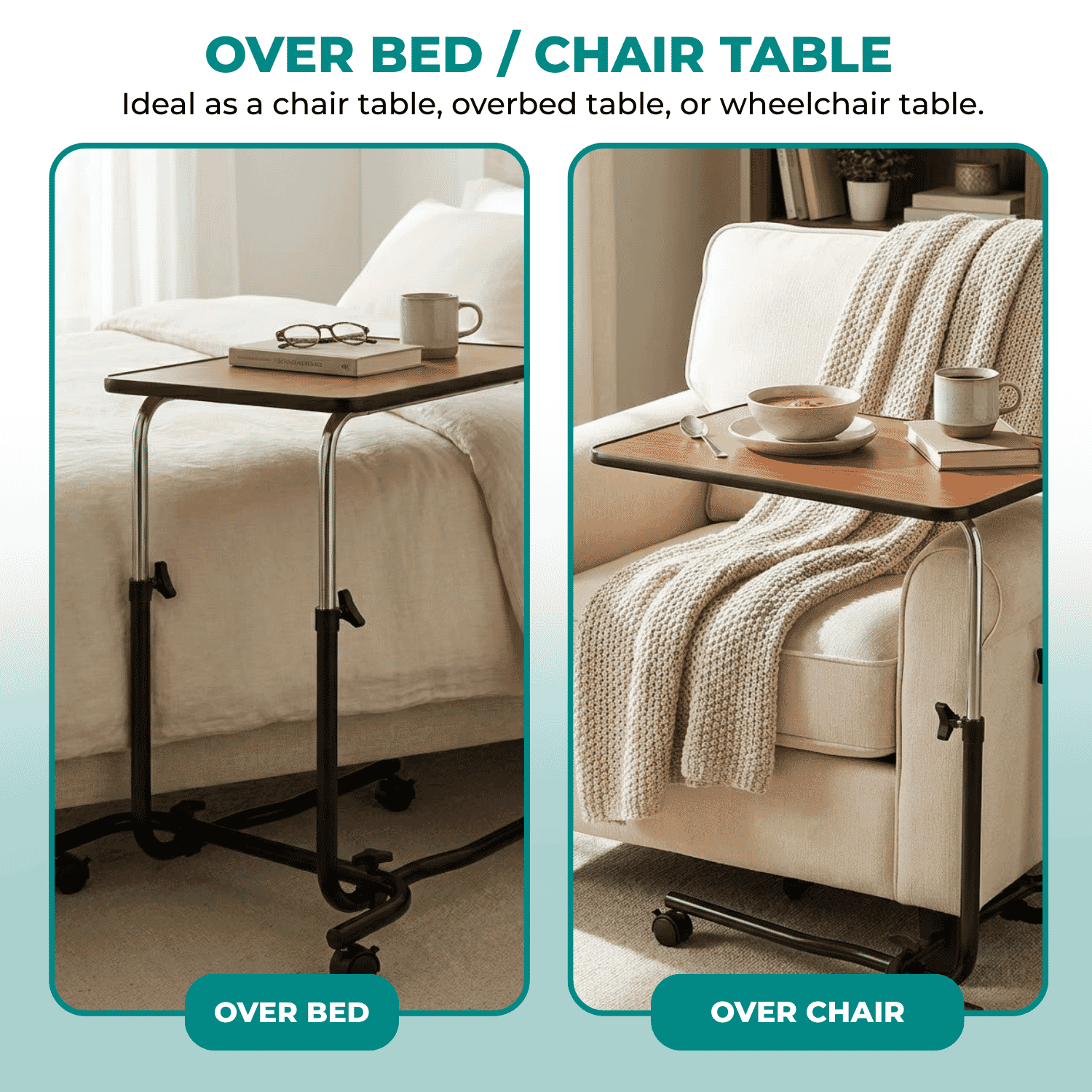 adjustable bed chair table with castors multi use