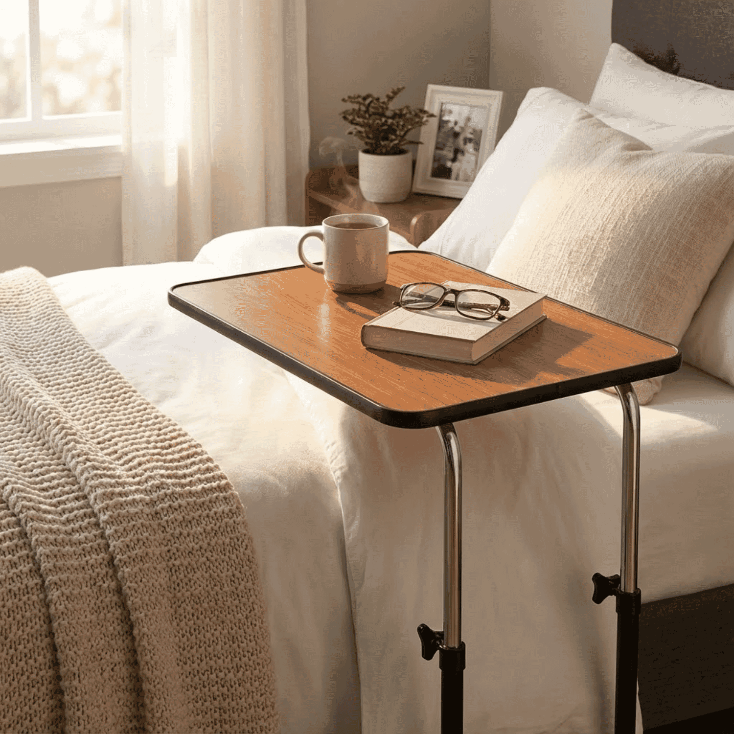 adjustable bed chair table with castors over bed
