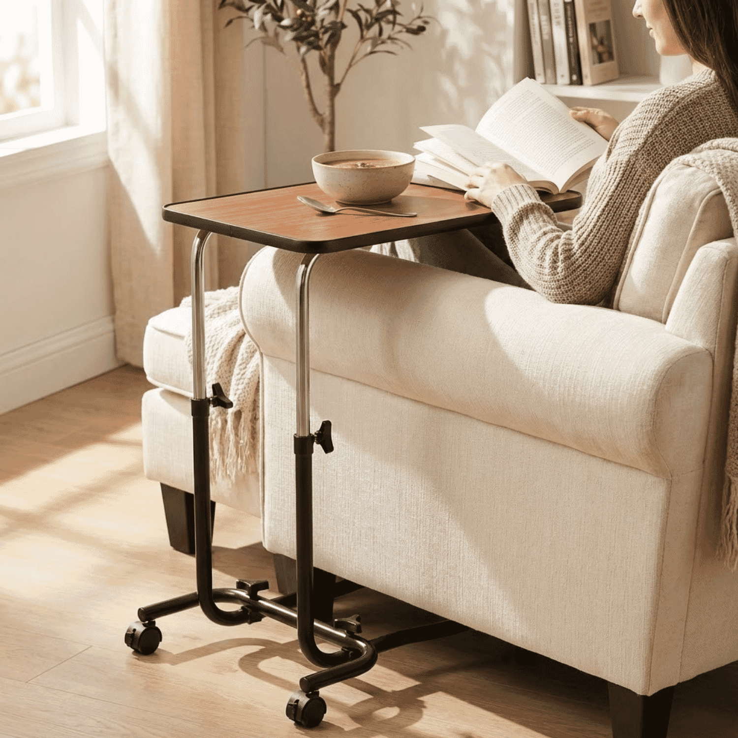 adjustable bed chair table with castors over chair