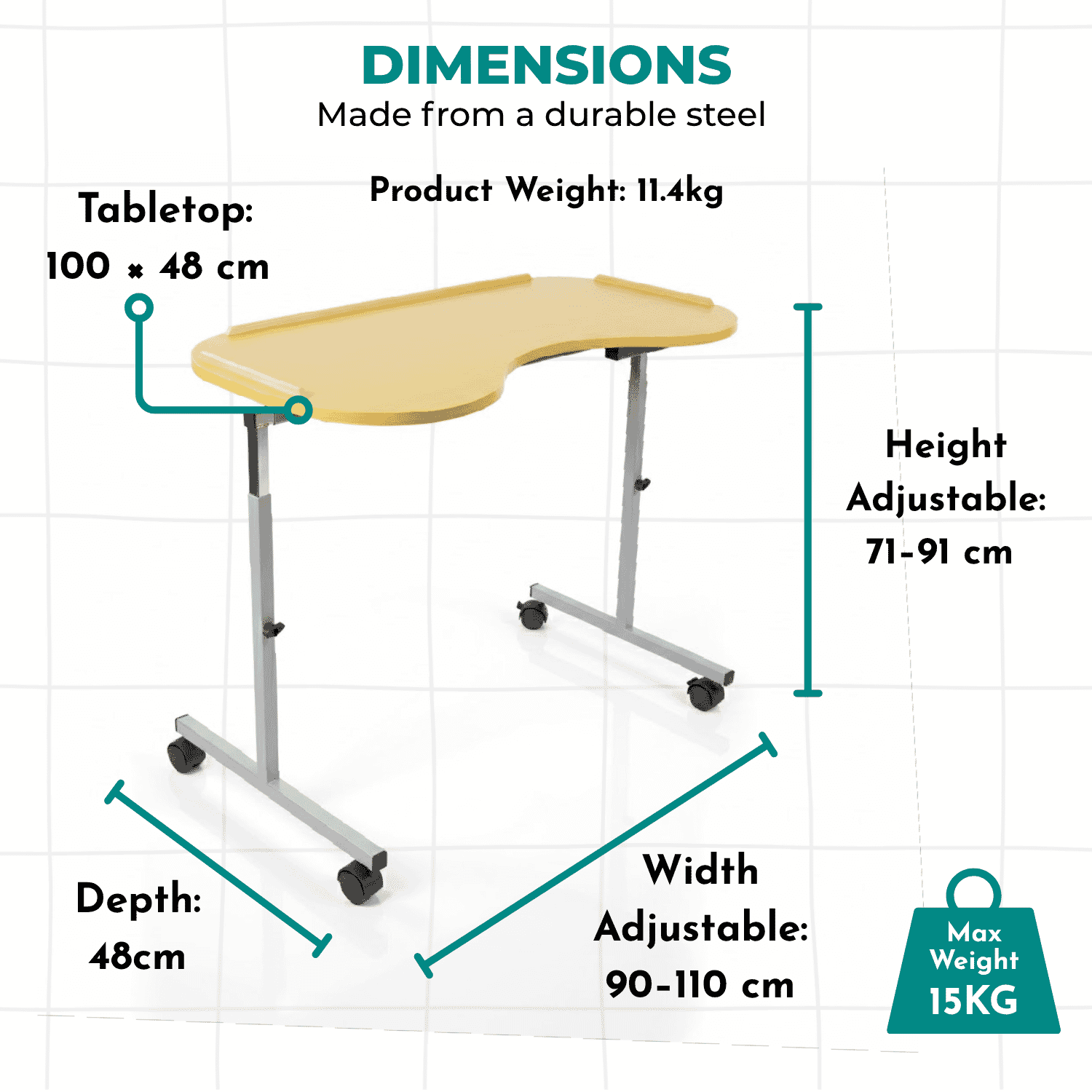 adjustable curved over bed chair table dimensions