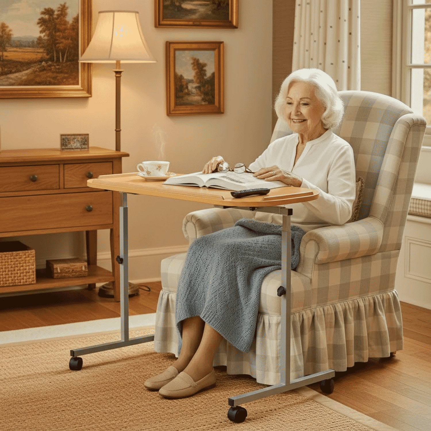 adjustable curved over bed chair table in use