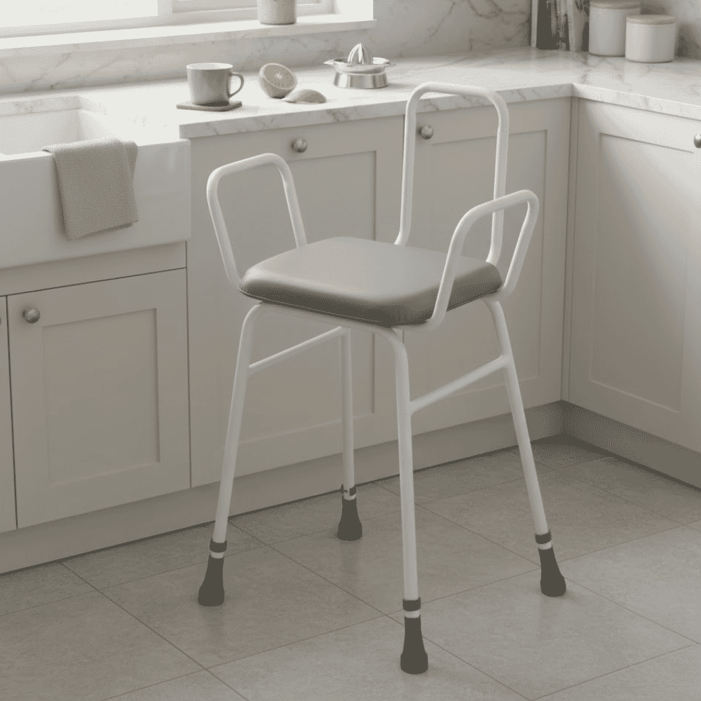 adjustable height perching stool with arms back lifestyle
