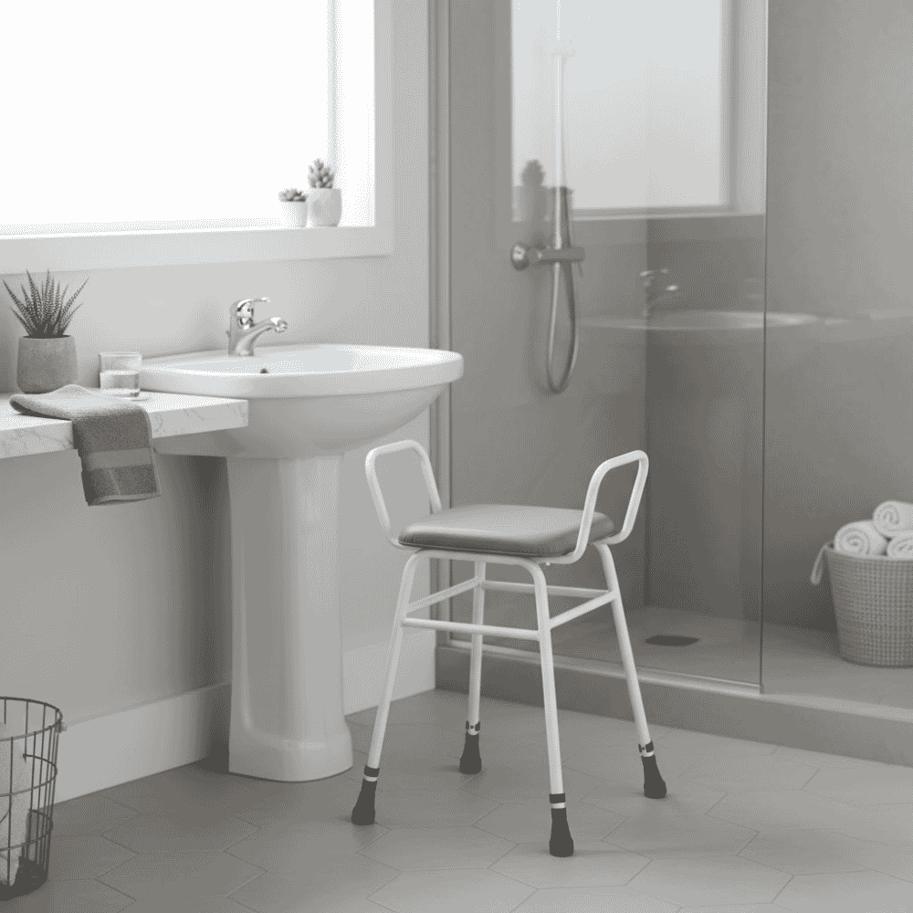 adjustable height perching stool with arms lifestyle