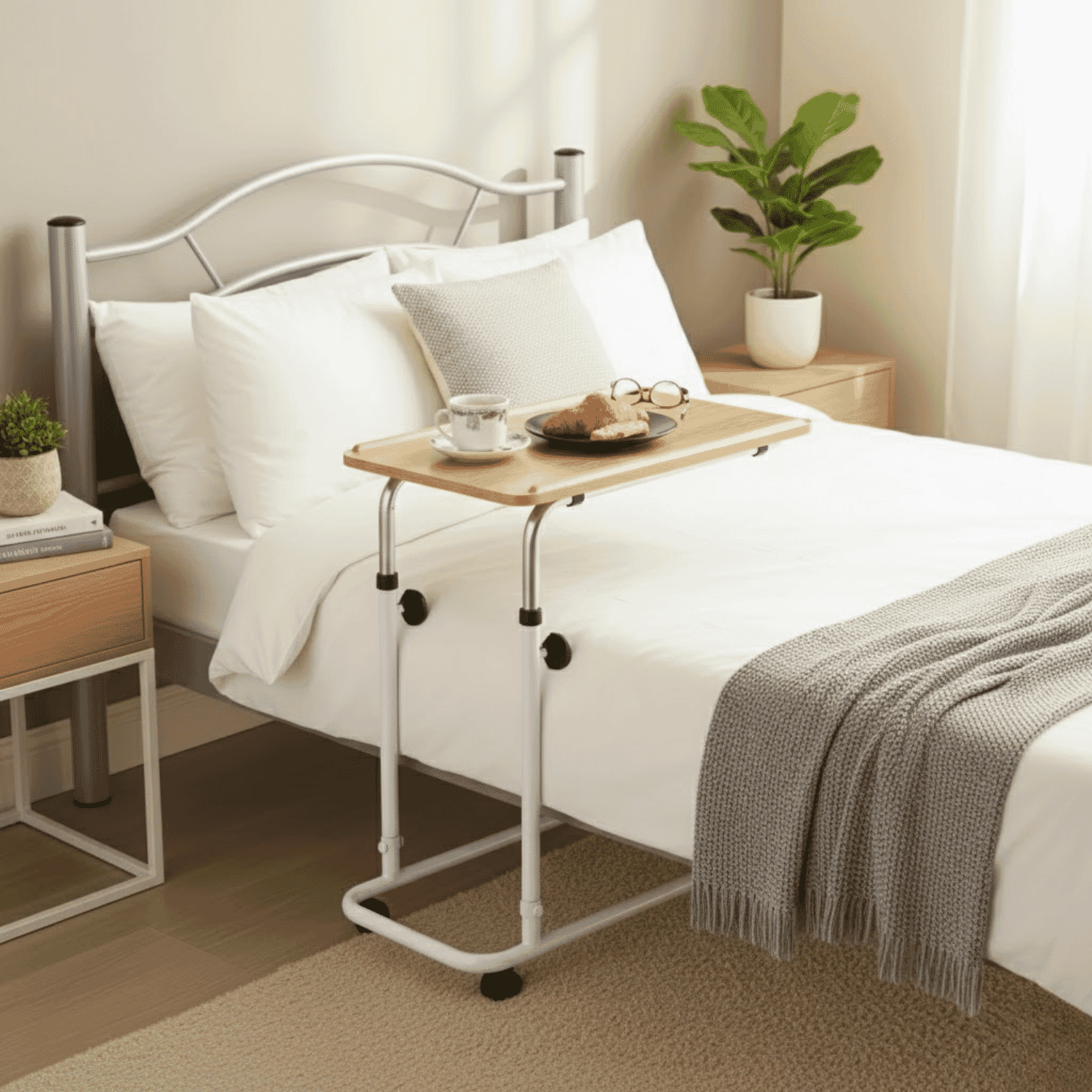 adjustable overbed chair table with castors bed lifestyle