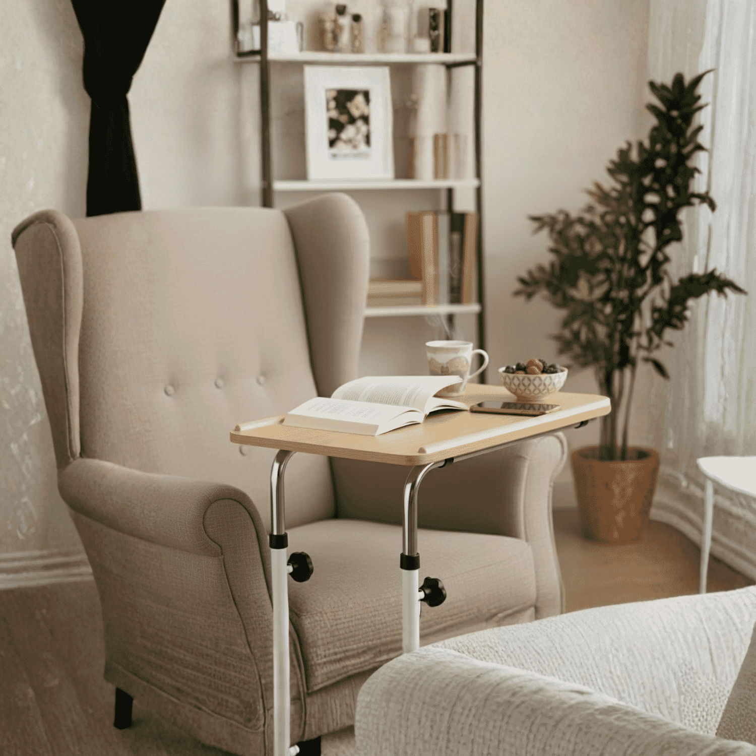 adjustable overbed chair table with castors chair lifstyle