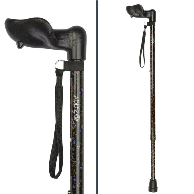 adjustable walking stick with anatomical handle black floral left