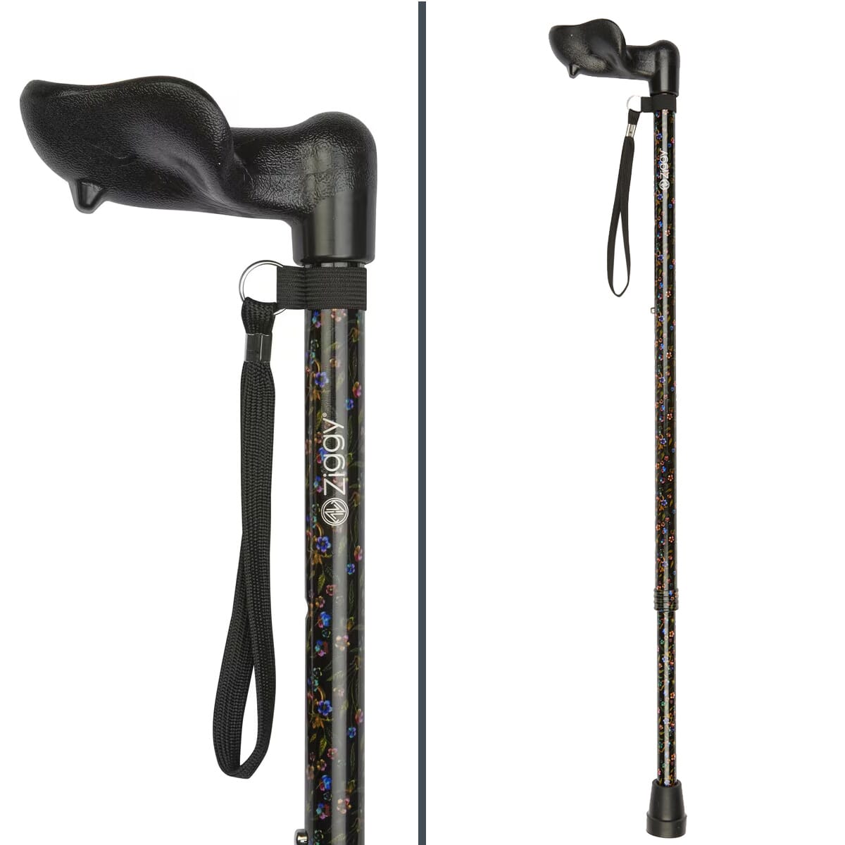 adjustable walking stick with anatomical handle black floral left