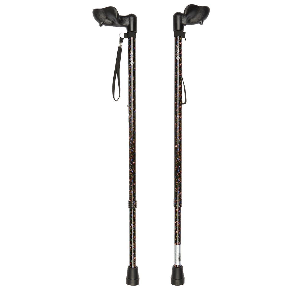 adjustable walking stick with anatomical handle black floral pair full length