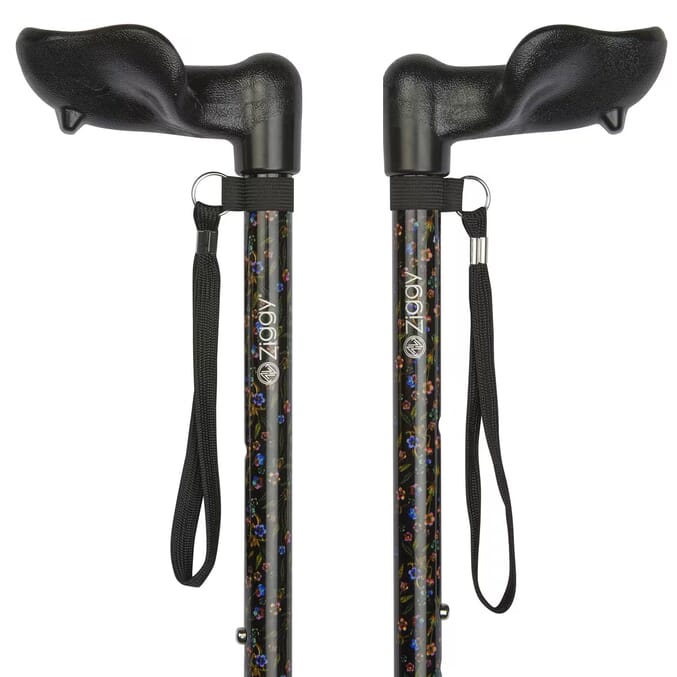 adjustable walking stick with anatomical handle black floral pair