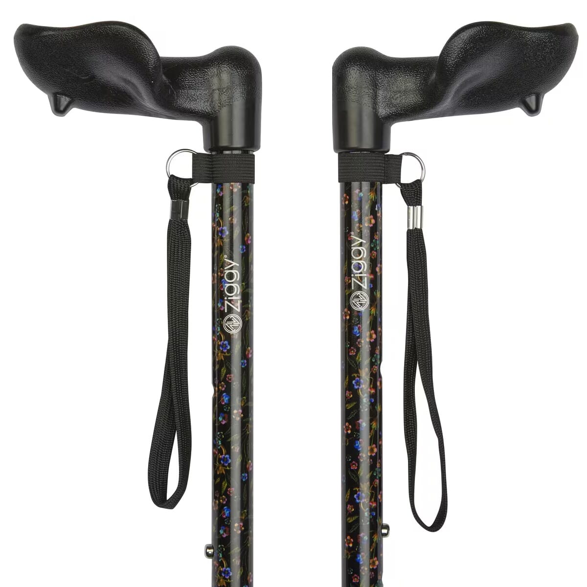 adjustable walking stick with anatomical handle black floral pair