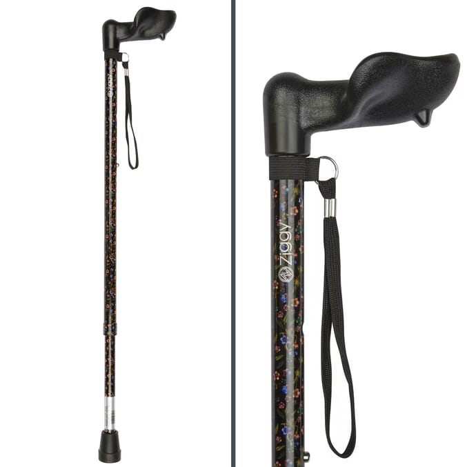 adjustable walking stick with anatomical handle black floral right