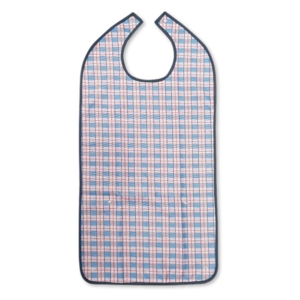 adult washable bib with crumb tray pink check