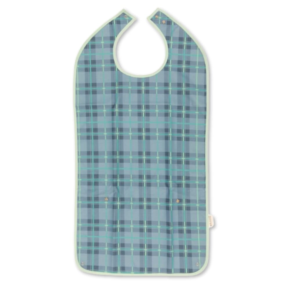 adult washable bib with crumb tray tartan blue