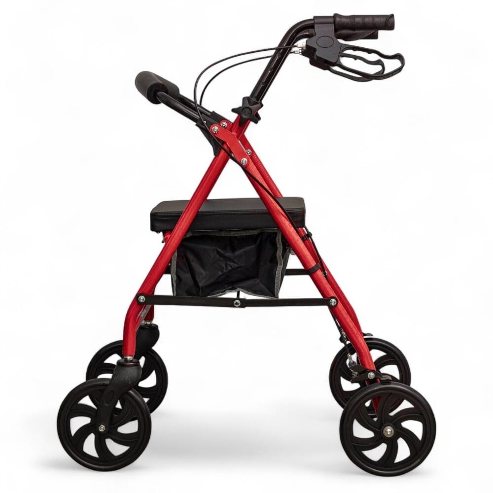 aidapt four wheeled rollator with bag red side