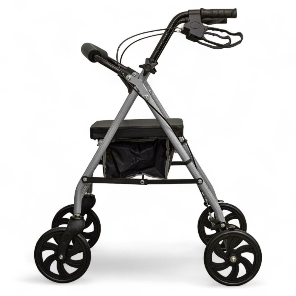 aidapt four wheeled rollator with bag silver side