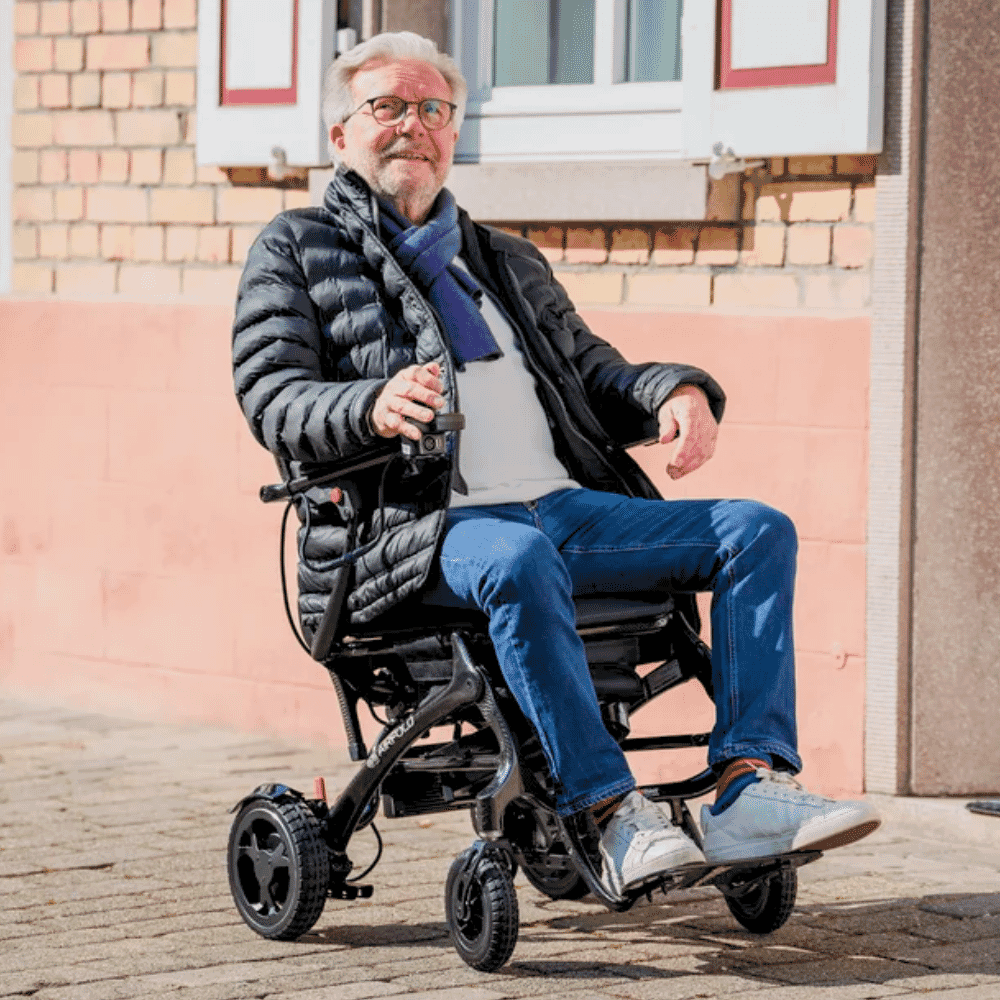 airfold carbon fibre electric wheelchair in use