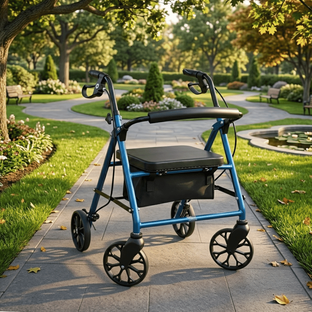 alerta four wheel rollator with seat lifestyle