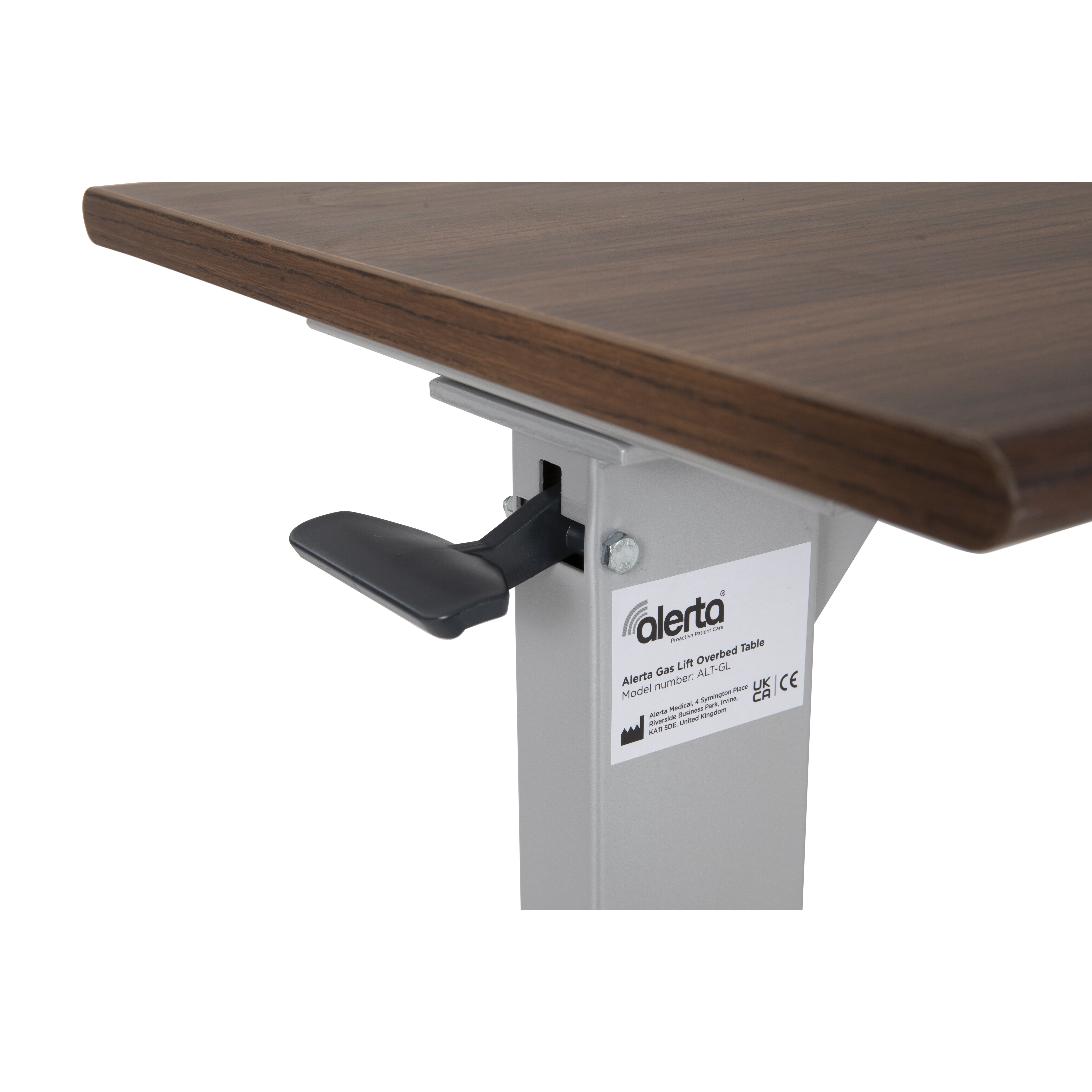 alerta gas lift overbed table close up on lift handle
