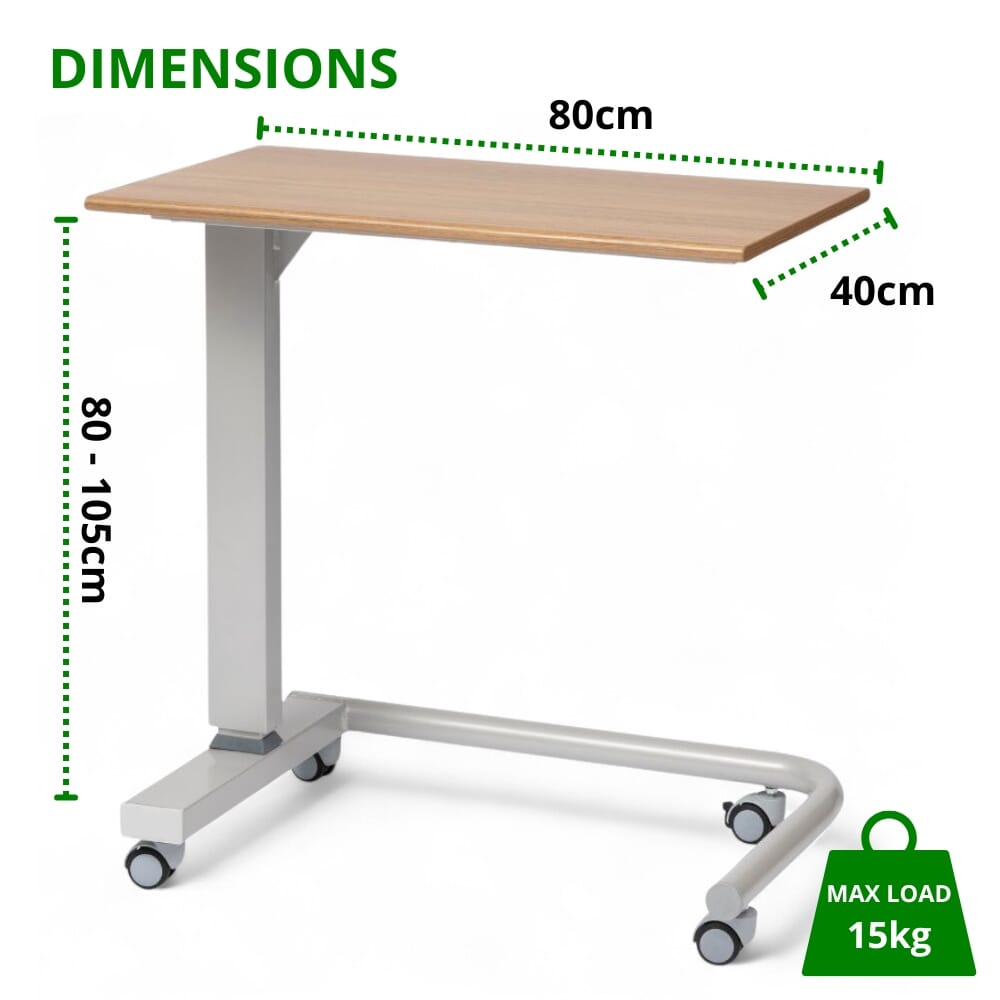 alerta gas lift overbed wheelchair table dimensions