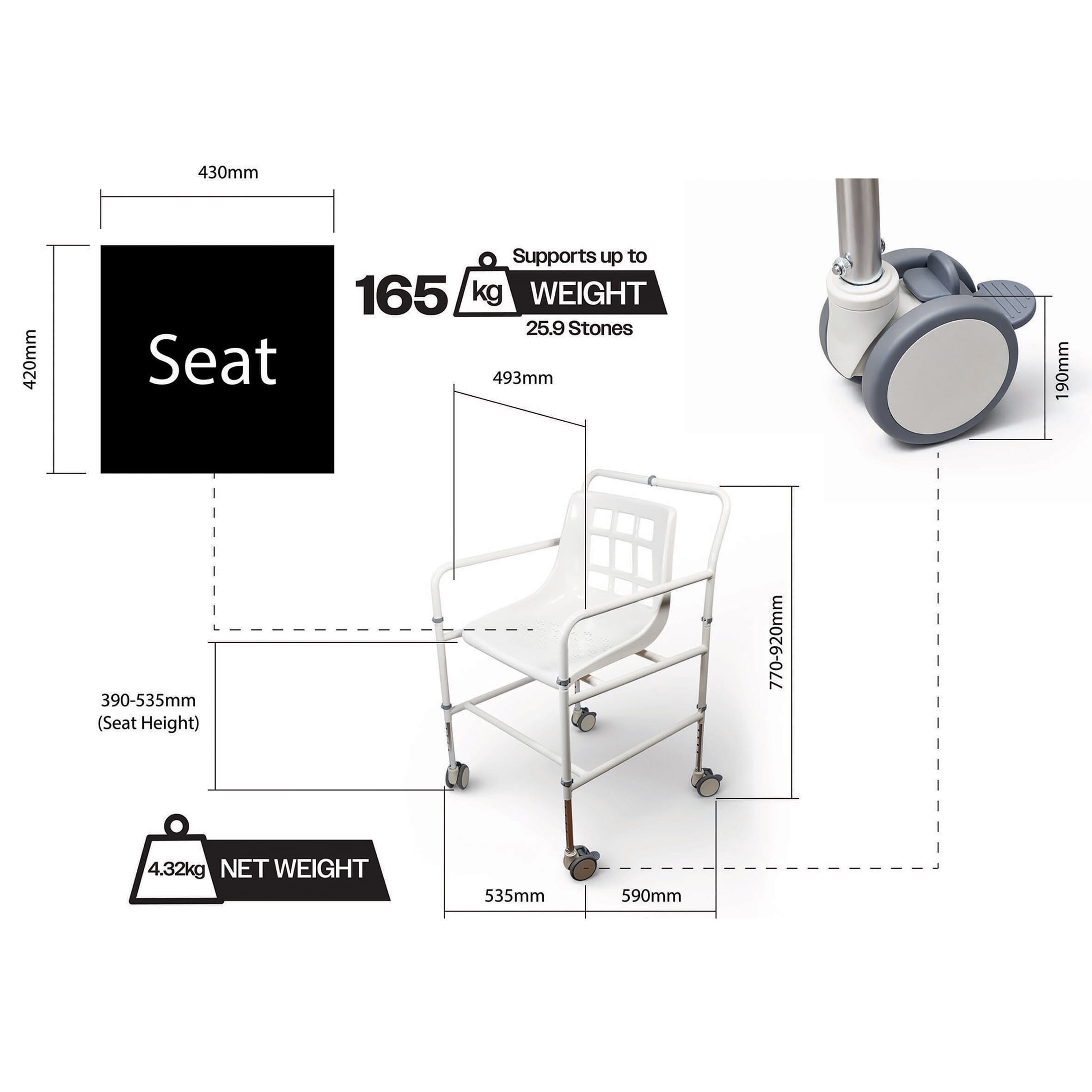 aluminium mobile shower chair dimensions