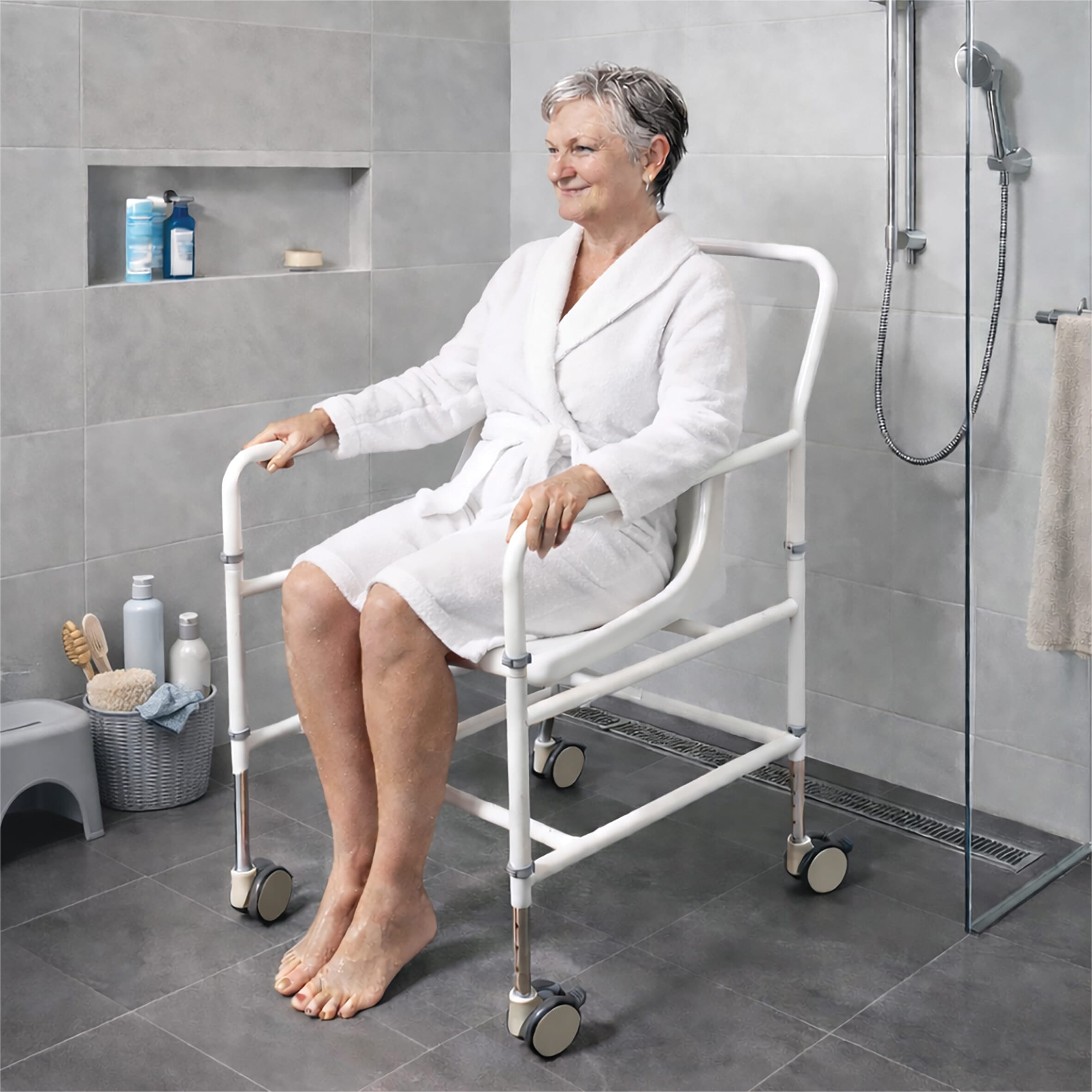 aluminium mobile shower chair in use
