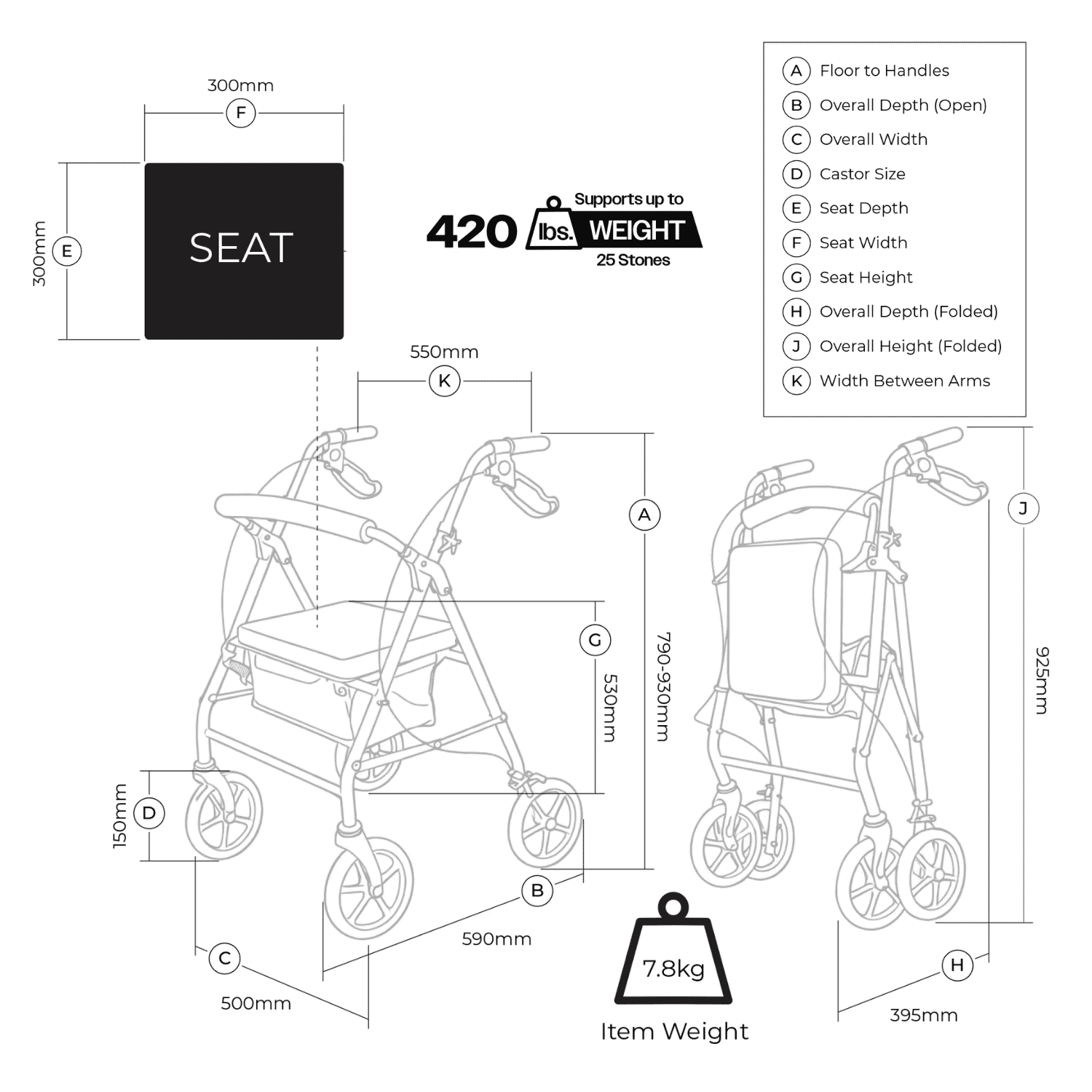 aluminium rollator with seat dimensions