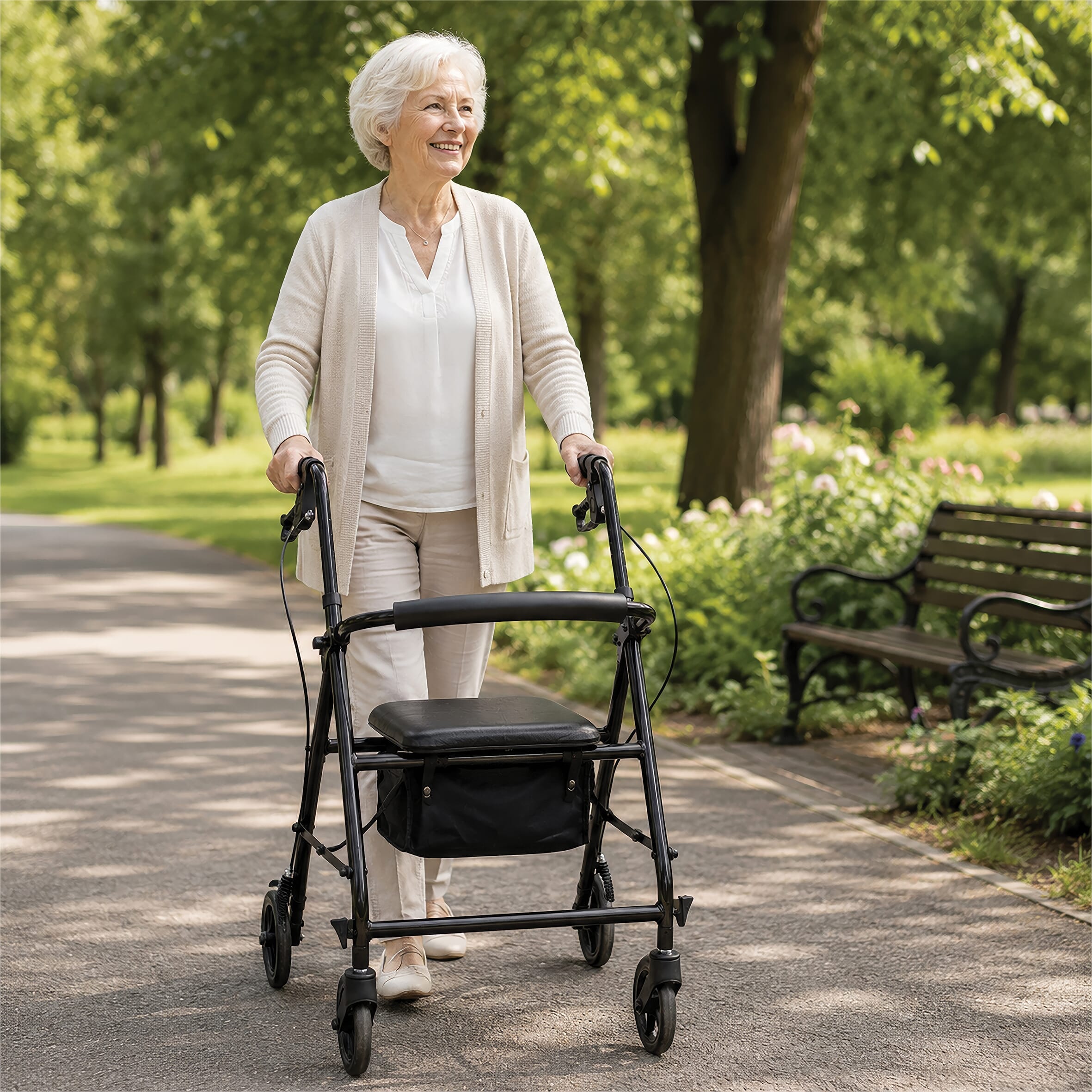 aluminium rollator with seat in use