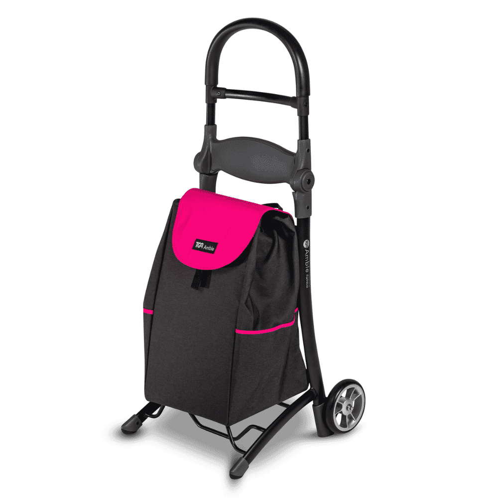 amble shopping trolley black frame pink bag