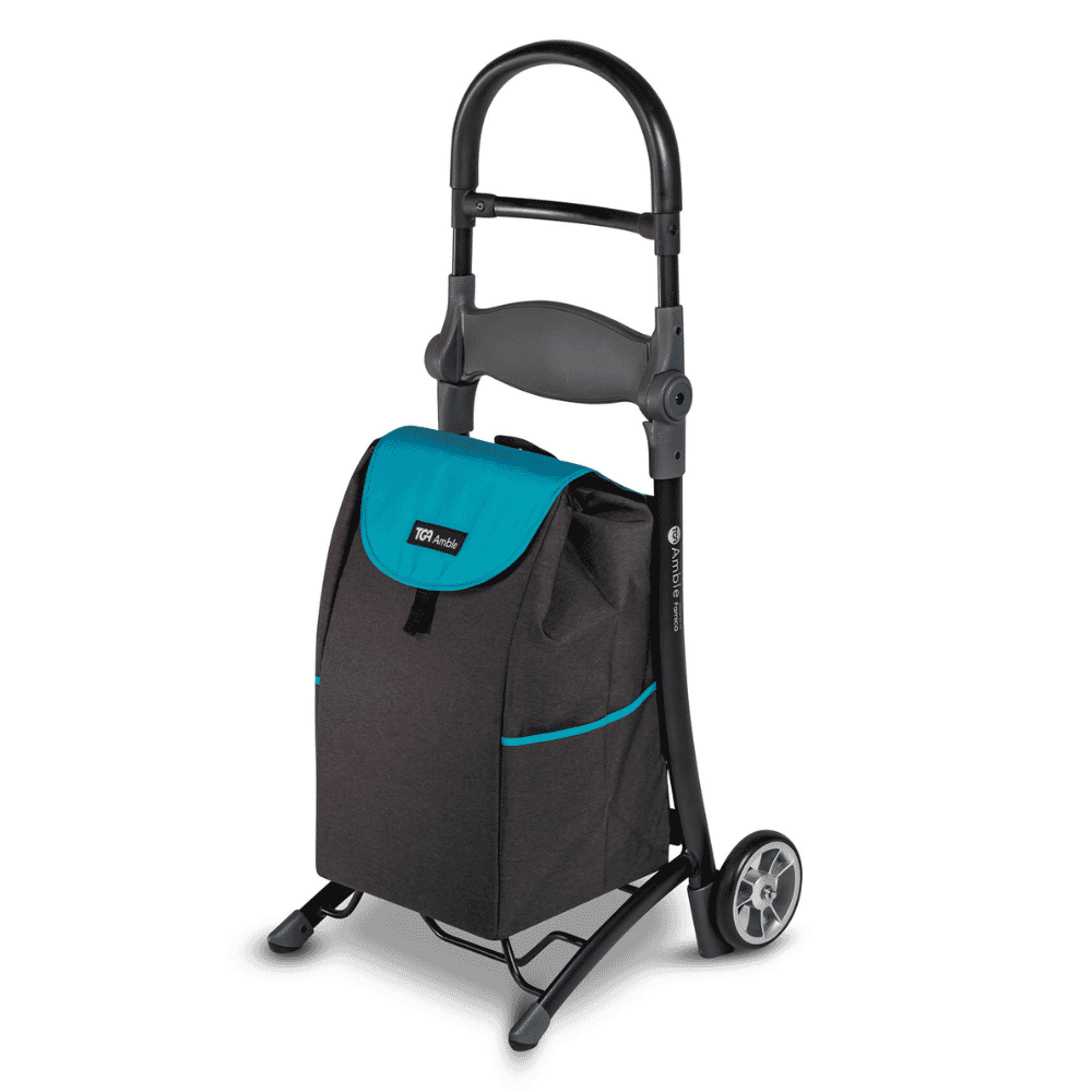 amble shopping trolley black frame turquoise bag