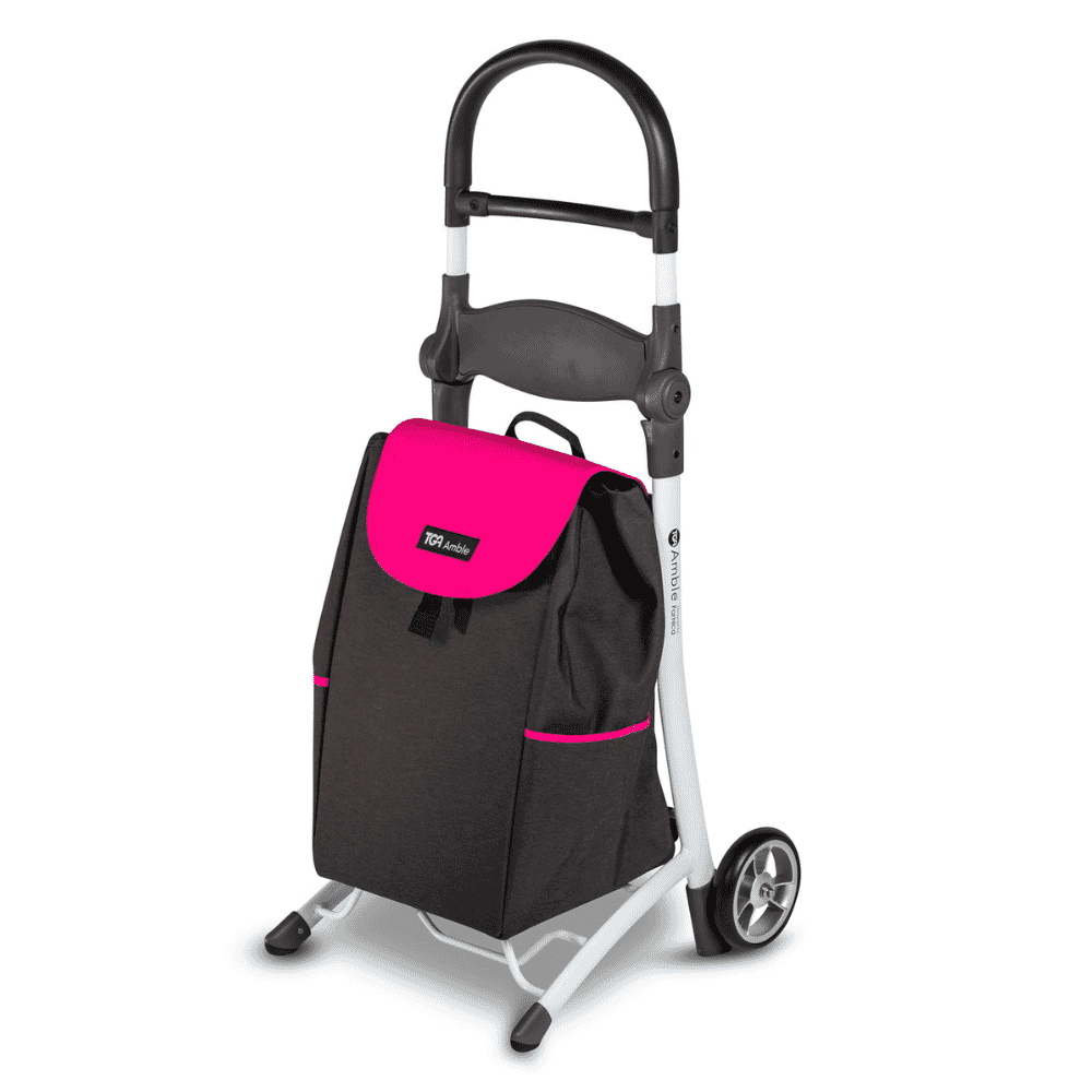 amble shopping trolley white frame pink bag