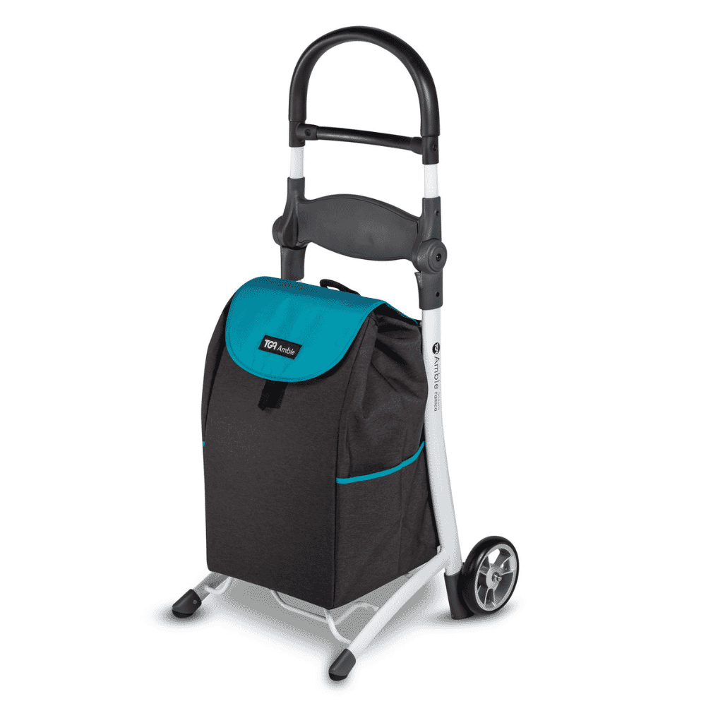 amble shopping trolley white frame turquoise bag