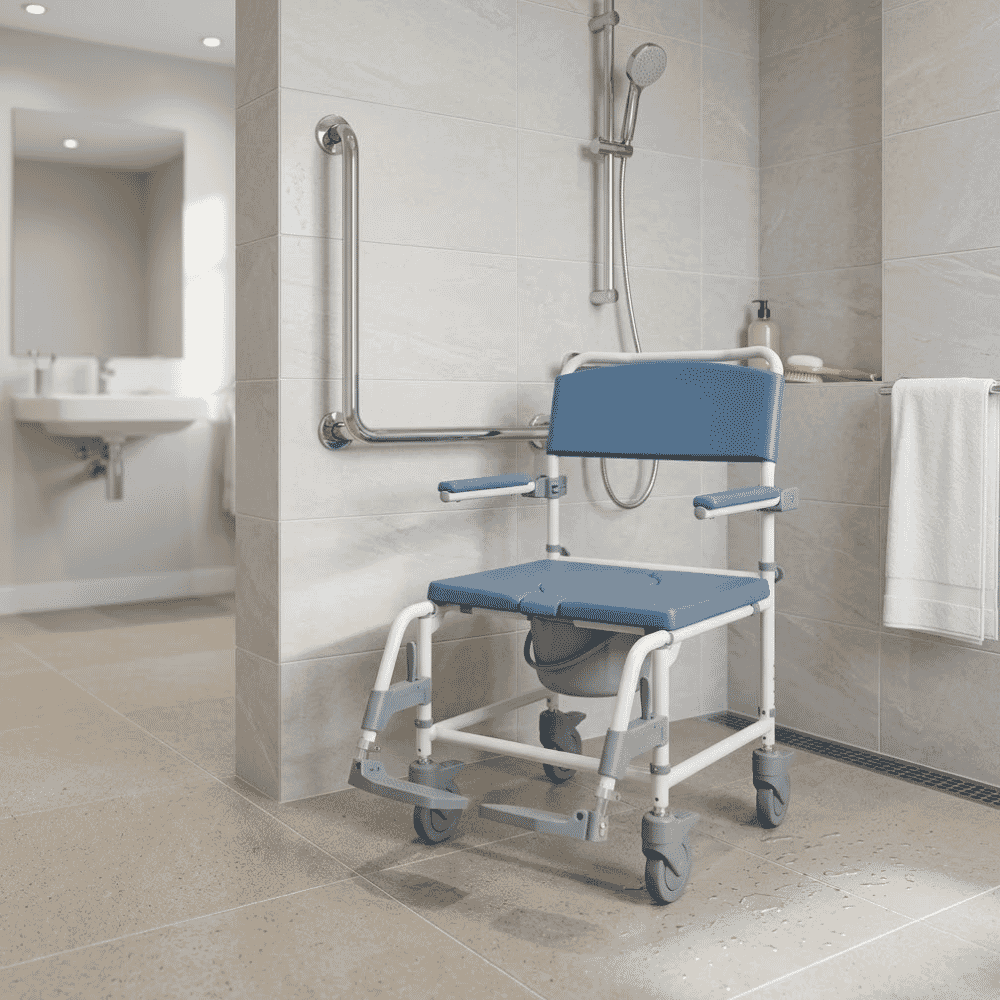 aston bariatric mobile shower commode chair in situ