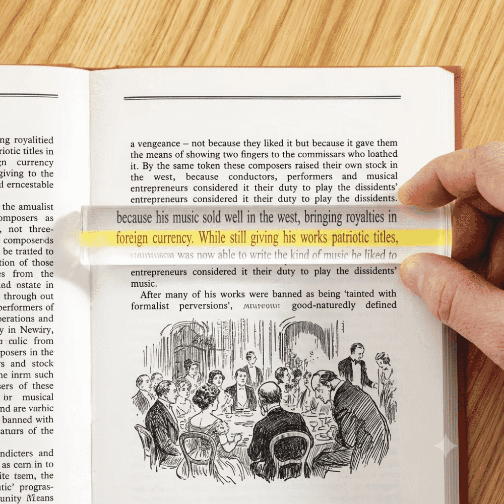 bar magnifier with yellow reading line in use