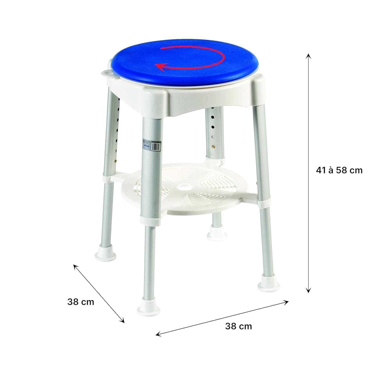 bath stool with rotating padded seat showing measurements