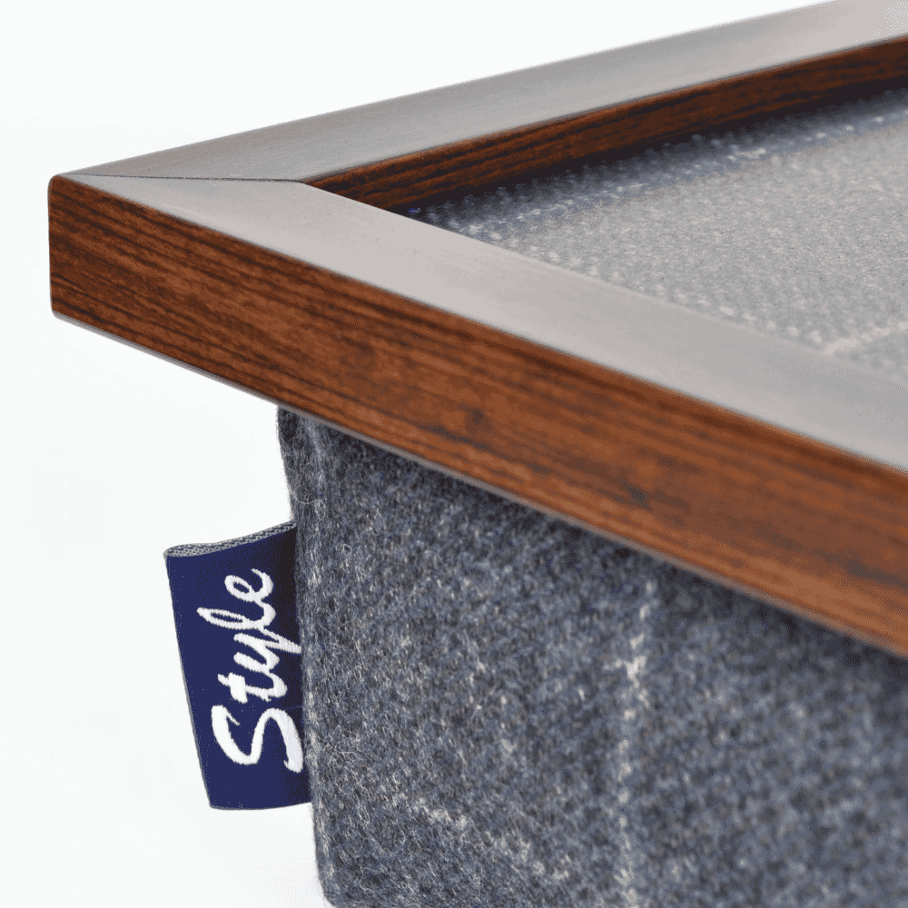 bean bag lap tray blue window dark wood frame close up