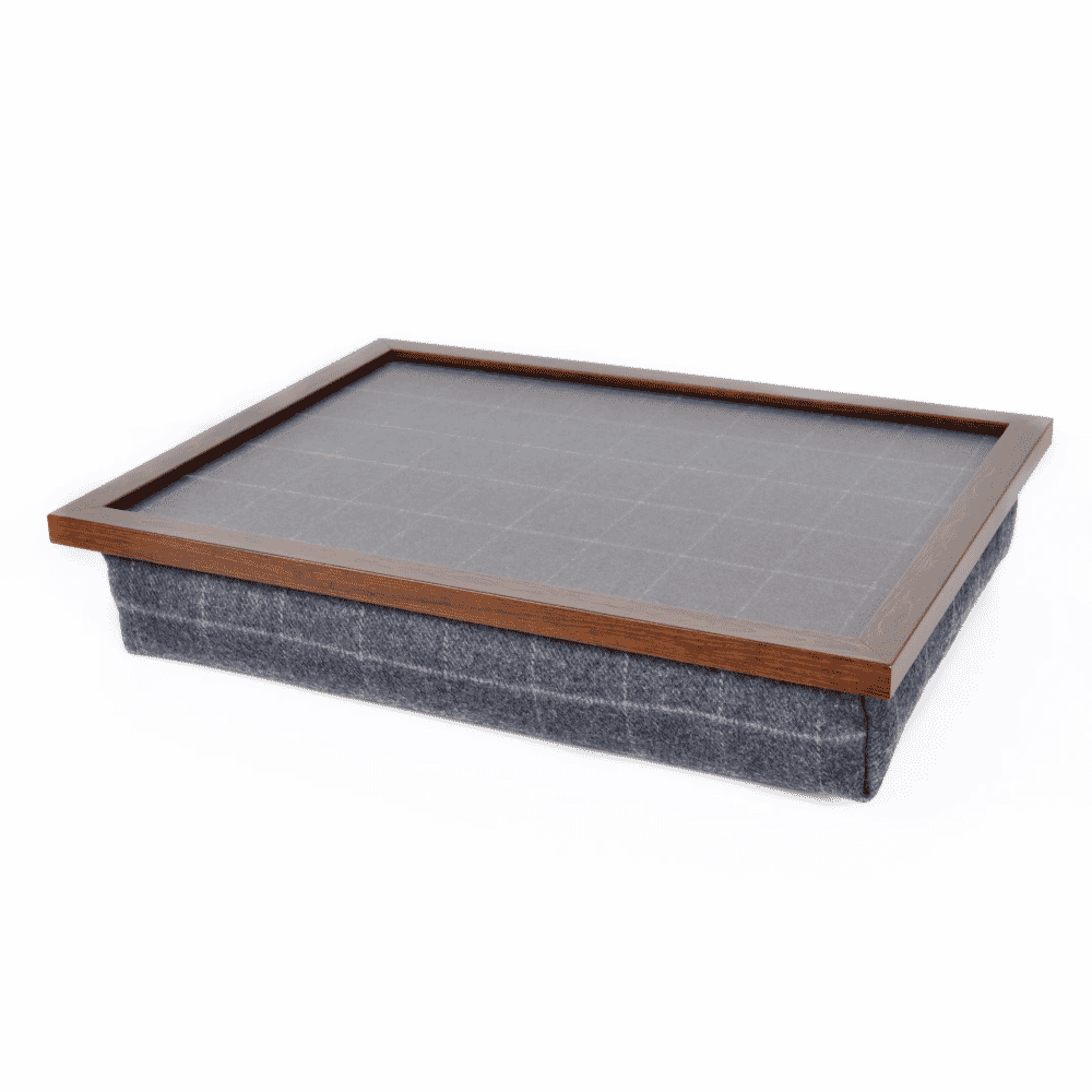 bean bag lap tray blue window dark wood frame