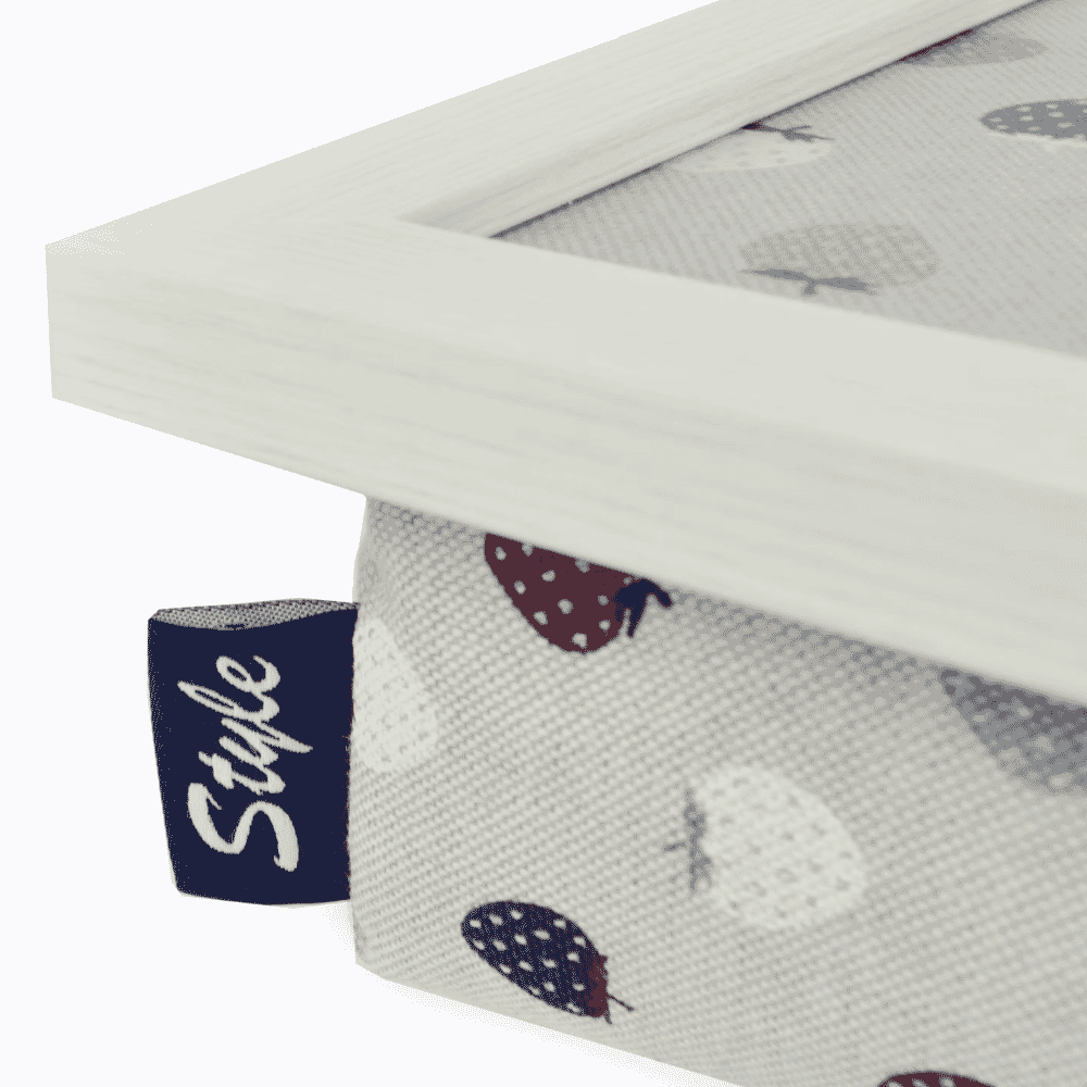 bean bag lap tray strawberry linen white frame close up
