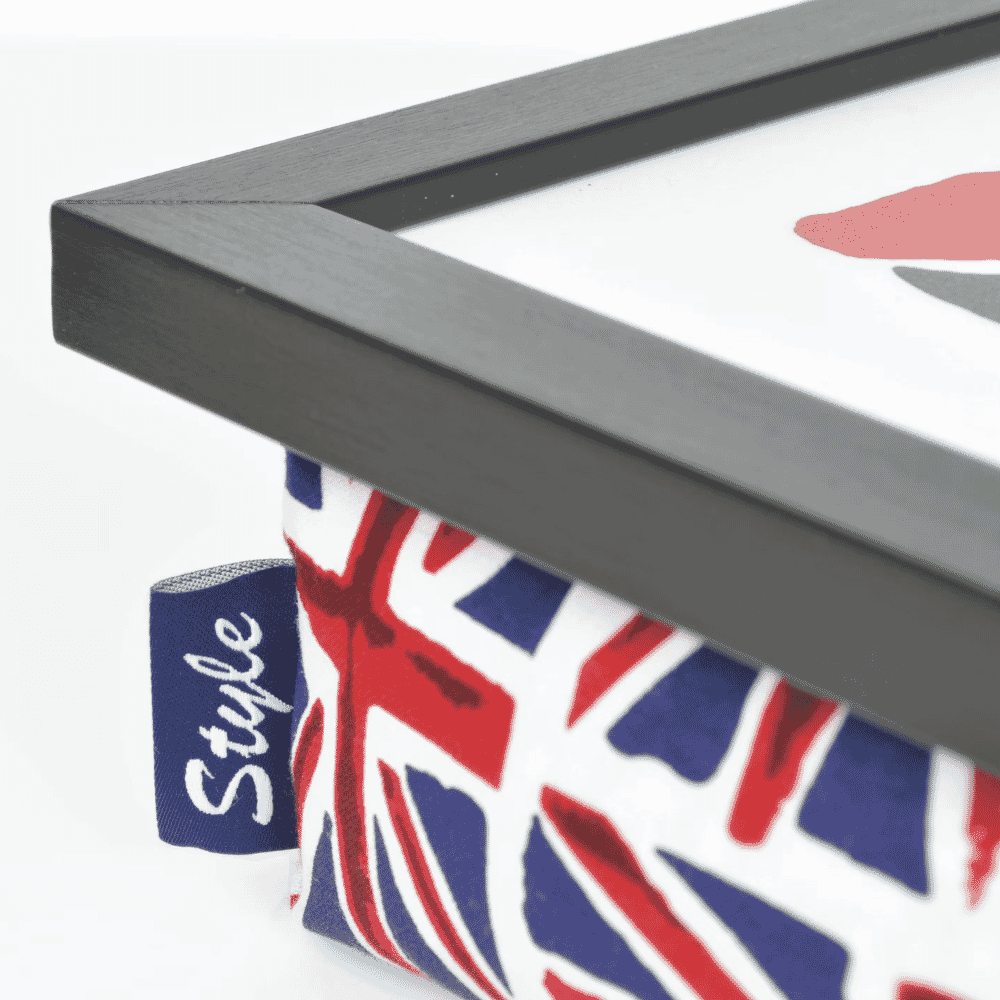 bean bag lap tray union jack black frame close up
