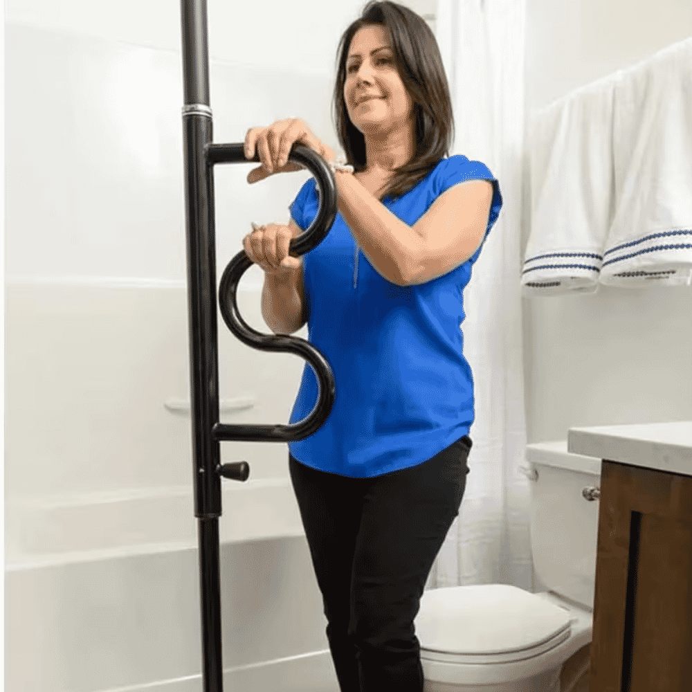 bed security pole with grab bar black in use