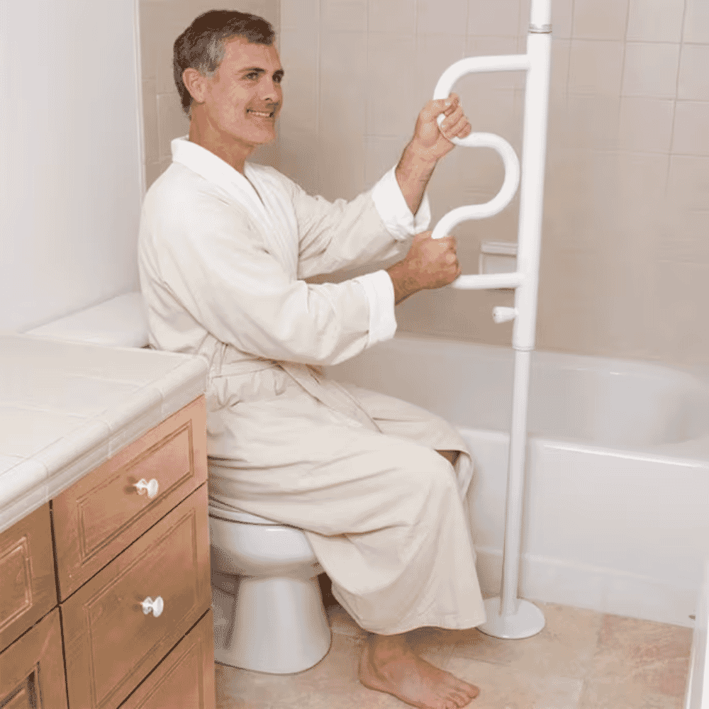 bed security pole with grab bar white in use