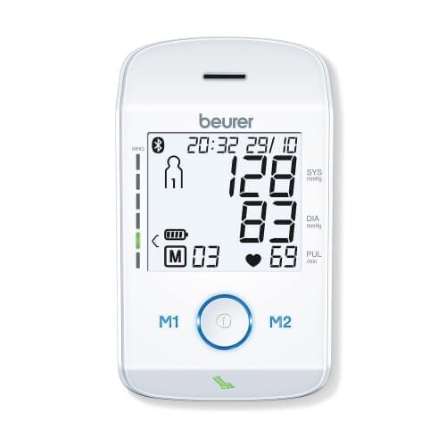 beurer bm 85 upper arm blood pressure monitor close up of display