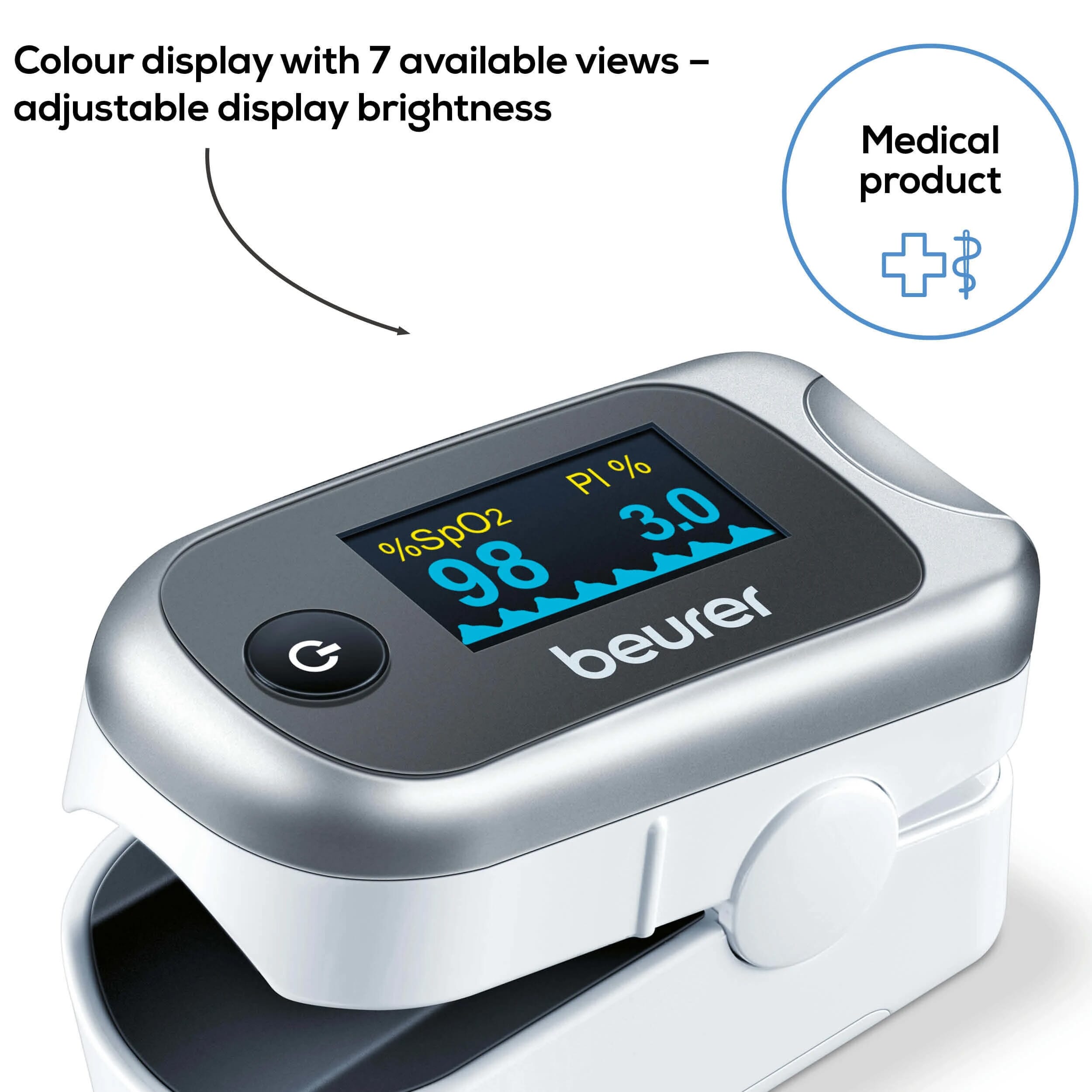beurer po 40 pulse oximeter with 7 display views