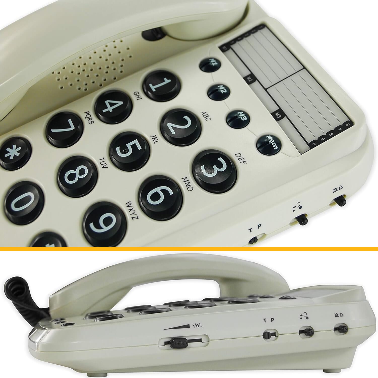 big button white telephone close up and side on