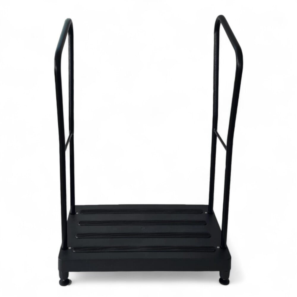 bigfoot half step outdoor step bigfoot with 2 handrails front view