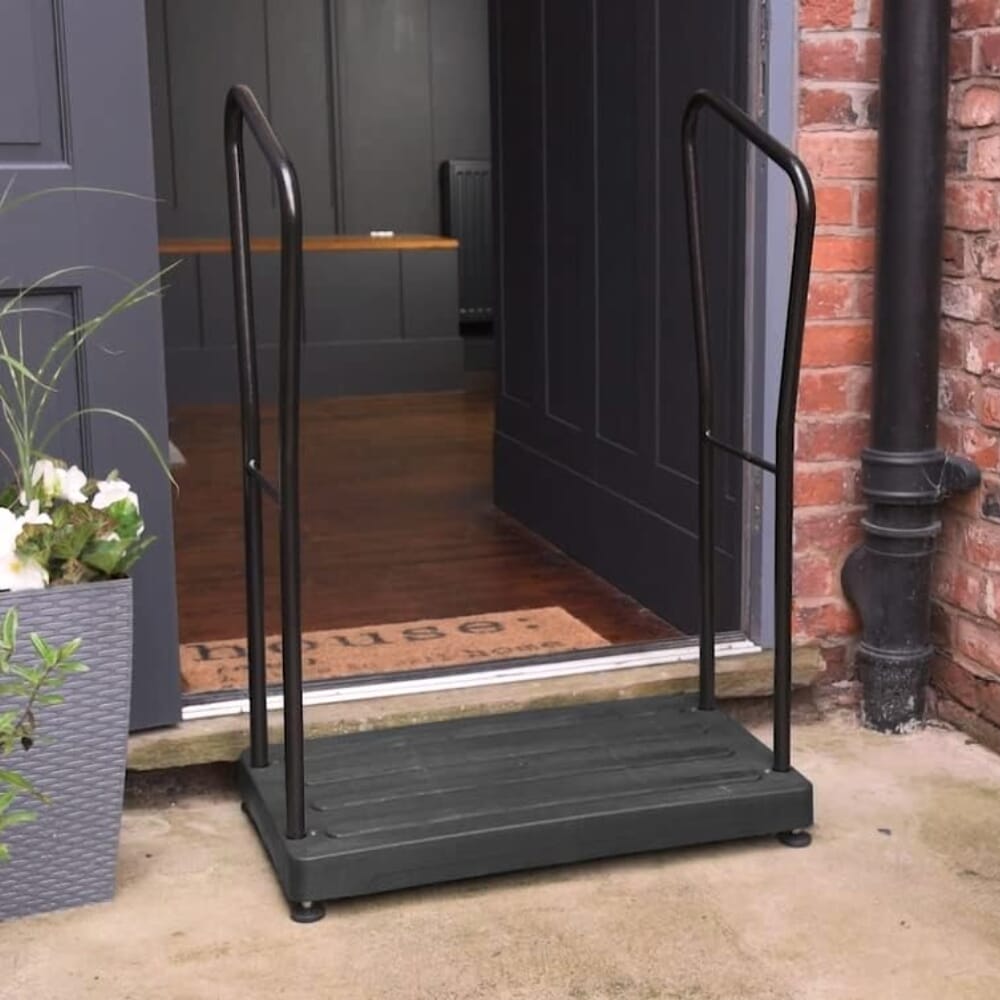 bigfoot half step outdoor step bigfoot with 2 handrails lifestyle