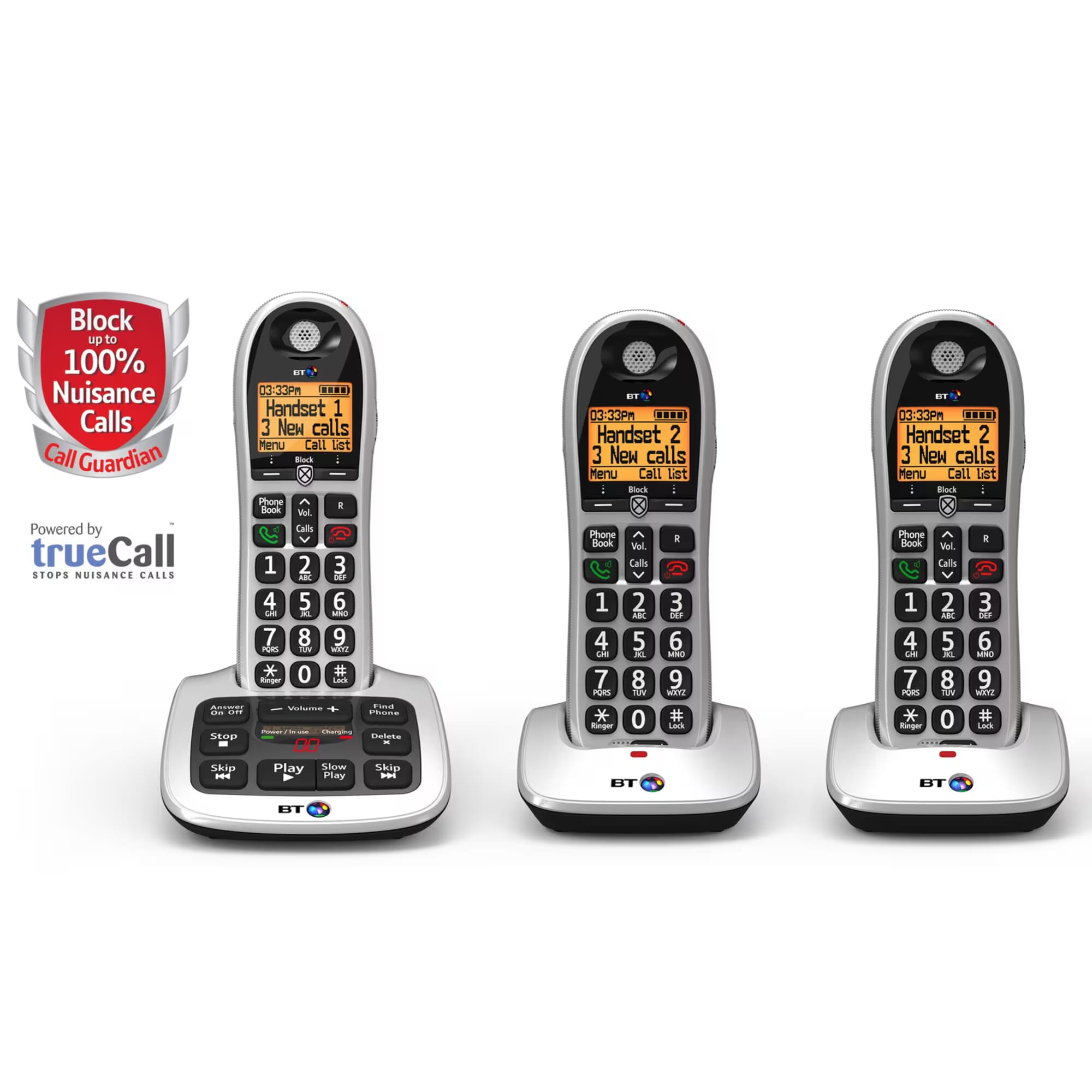bt 4600 premium big button cordless phone three handsets front